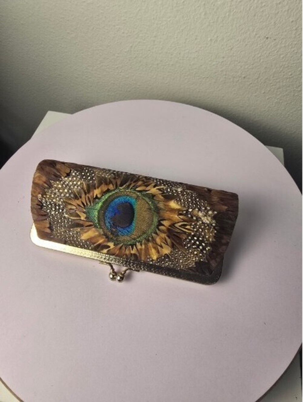 Vintage Lee Sands Peacock & Pheasant Feather Clutch Wallet Kiss Lock Purse Rare